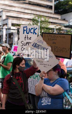 Seattle, USA. 24th Jun, 2022. Thousands of Pro Choice protestors flood downtown after the repeal of Roe V. Wade. Stock Photo