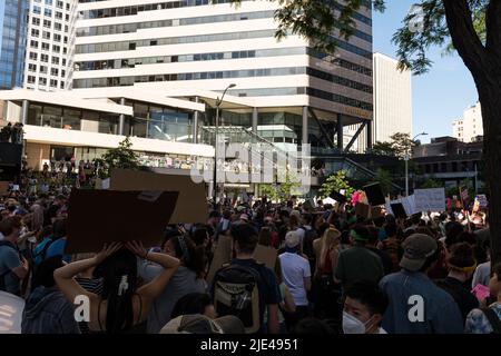 Seattle, USA. 24th Jun, 2022. Thousands of Pro Choice protestors flood downtown after the repeal of Roe V. Wade. Stock Photo