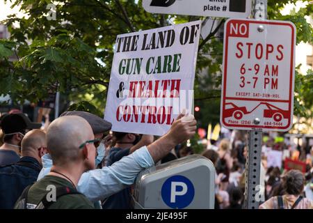 Seattle, USA. 24th Jun, 2022. Thousands of Pro Choice protestors flood downtown after the repeal of Roe V. Wade. Stock Photo