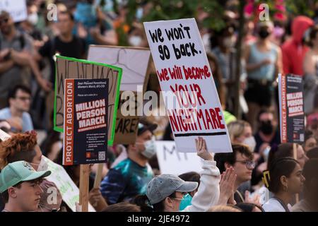 Seattle, USA. 24th Jun, 2022. Thousands of Pro Choice protestors flood downtown after the repeal of Roe V. Wade. Stock Photo