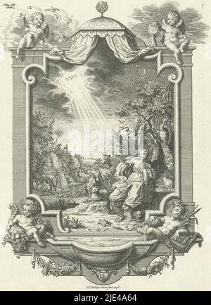 Cartouche with allegory of creation, Jan Caspar Philips, 1736, Allegory of creation: a paradisiacal landscape with all kinds of animals on land, in the air and in the water. The moon and stars are in the sky. In the foreground right, a woman, crowned with a compass, points to a tetragram, which stands in the sky as a symbol of God the Father. The representation is framed in a cartouche, crowned with a globe and four putti at the corners., print maker: Jan Caspar Philips, (mentioned on object), Jan Caspar Philips, (mentioned on object), Amsterdam, 1736, paper, etching, engraving, h 166 mm × w Stock Photo