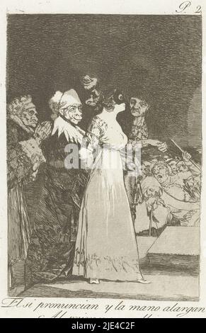 They say yes and give their hand to the first one, Francisco de Goya, 1797 - 1799, A masked woman with three old men. Second print from the Los Caprichos series., print maker: Francisco de Goya, Francisco de Goya, Spain, 1797 - 1799, paper, etching, h 215 mm × w 150 mm Stock Photo