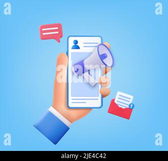 3d Megaphone on screen mobile phone. Stock Vector