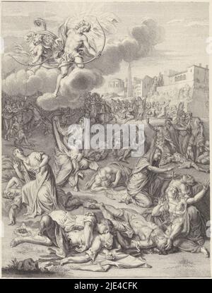 Apollo and Diana kill the children of Niobe, Bernard Picart, 1733, Apollo and Diana fire arrows from a cloud at the children of Niobe to punish her. The sons and daughters of Niobe lie dead on the ground. Others are still trying to escape their fate., print maker: Bernard Picart, Amsterdam, 1733, paper, etching, engraving, h 234 mm × w 177 mm Stock Photo