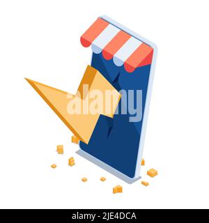 Flat 3d Isometric Golden Lightning Bolt on Smartphone Screen. Flash Sale and Online Shopping Concept. Stock Vector