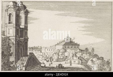 View of a city, Claes Jansz. Visscher (II), after Willem van Nieulandt (II), 1618, View of part of a town, with a church with steps on the left., print maker: Claes Jansz. Visscher (II), Willem van Nieulandt (II), publisher: Claes Jansz. Visscher (II), Amsterdam, 1618, paper, etching, h 99 mm × w 154 mm Stock Photo