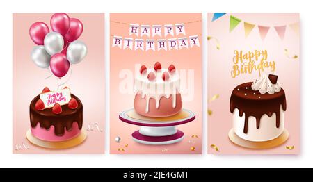 Birthday cakes vector poster set. Happy birthday greeting in cake decoration with balloons, pennants and topper elements for dessert collection design. Stock Vector
