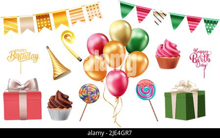 Birthday party elements vector set. Birth day balloons, pennants, gift boxes, and dessert elements isolated in white background for celebration object. Stock Vector