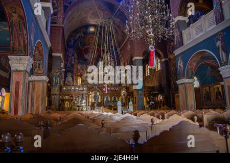 Rethymno, Greece  16 May 2022,  Inside the orthodox Church of Four Martyrs in the Greek city of Rethymno Stock Photo