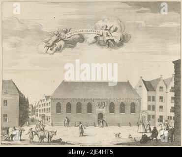 View of the Sint-Nicolaas Gasthuis in The Hague, anonymous, after Gerrit van Giessen, 1730 - 1736, View of the Sint-Nicolaas Gasthuis in The Hague with various figures in the foreground., print maker: anonymous, intermediary draughtsman: Gerrit van Giessen, (mentioned on object), publisher: Reinier Boitet, (mentioned on object), intermediary draughtsman: The Hague, publisher: Delft, publisher: Amsterdam, 1730 - 1736, paper, etching, engraving, h 276 mm × w 350 mm Stock Photo