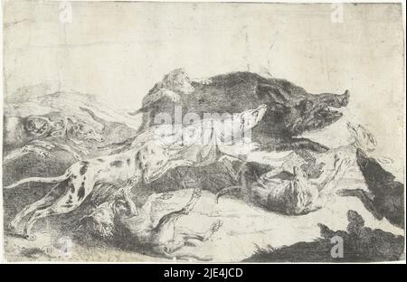 Dogs chasing a boar, Peeter Boel, c. 1650 - c. 1674, Wild boar hunt. A pack of dogs chases a wild boar., print maker: Peeter Boel, (mentioned on object), Peeter Boel, unknown, c. 1650 - c. 1674, paper, etching, h 205 mm × w 320 mm Stock Photo