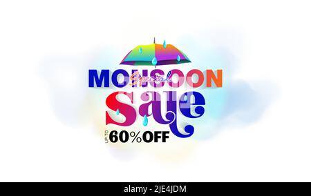 Monsoon season sale offer and discount with rain cloud text and umbrella. Stock Vector