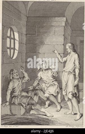 Joseph in prison, Theodoor King, after Jacobus Buys, 1779, In Potiphar's prison, Joseph stands before the chained baker and cupbearer. Joseph explains to the two men their dreams. This print is an illustration for the third chapter of the second book of 'All the Works of Flavius Josephus., print maker: Theodoor Koning, (mentioned on object), Jacobus Buys, (mentioned on object), Amsterdam, 1779, paper, engraving, h 223 mm × w 147 mm Stock Photo