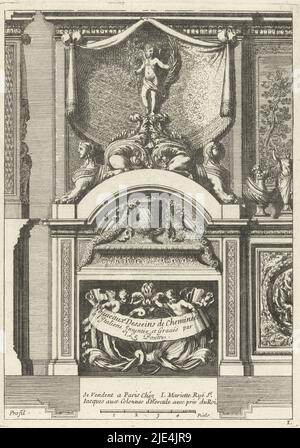 Title page: Nouueaux Desseins de Cheminees a l'Italiene, Jean Lepautre, after c. 1665 - before 1742, Lower bosom crowned with cupid holding a palm branch and an olive branch. Upright with profile and plan, with scale in French base. From second edition., print maker: Jean Lepautre, (mentioned on object), Jean Lepautre, (mentioned on object), publisher: Jean Mariette, (mentioned on object), print maker: France, (possibly), France, (possibly), publisher: Paris, after c. 1665 - before 1742, paper, etching, h 236 mm × w 170 mm Stock Photo