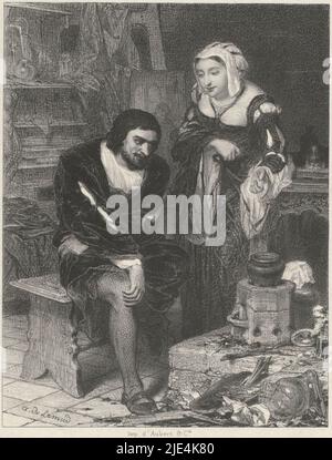 Jan van Eyck as an inventor of the oil paint, Aimé de Lemud, 1838 print ...