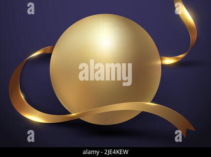 3D realistic elegant golden sphere ball with gold ribbon curly wave on purple background luxury style. Vector graphic illustration Stock Vector