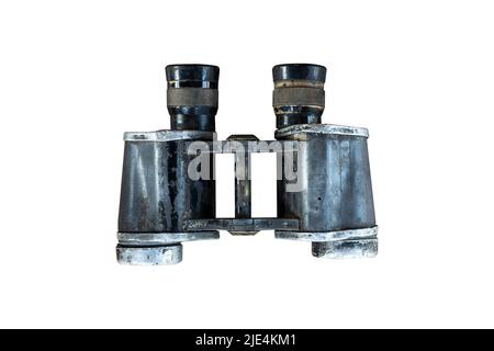 top view closeup of old vintage metallic binoculars isolated on white background Stock Photo