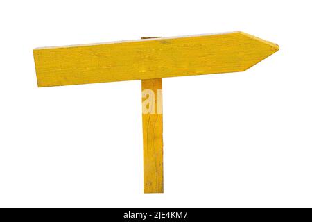 closeup front view of wooden blank yellow arrow direction sign pointing right isolated on white background Stock Photo