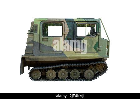 sideview closeup of vintage light military armored crawler vehicle with green camouflage painting isolated on white background Stock Photo