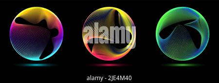 Set of glowing neon color circles round curve shape with wavy dynamic lines isolated on black background technology concept. Circular light frame bord Stock Vector