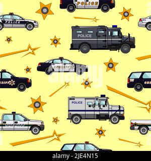 Detailed seamless background with police cars in a flat style Stock Vector