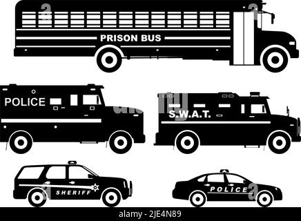 Silhouette illustration of prison bus and police cars isolated on white background. Stock Vector