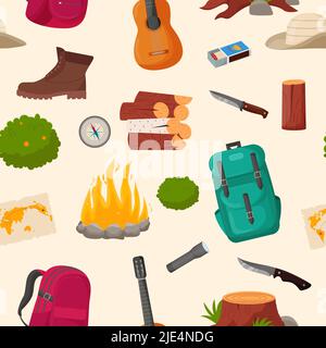 Camping and hiking seamless pattern. Summer camp travel tools collection for survival in wild, tent, backpack, map, axe, campfire and other camping Stock Vector