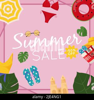 Summer sale web banner design. Summer sale discount text with beach elements like swimsuit, beach ball and flip flops for summer seasonal promotion Stock Vector