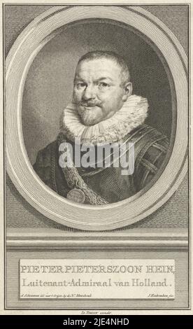 Bust to the left of Pieter Pietersz. Heyn in an oval. The portrait rests on a plinth with his name and title in two lines in Dutch, Portrait of Pieter Pietersz. Heyn Pieter Pieterszoon Hein., print maker: Jacob Houbraken, (mentioned on object), intermediary draughtsman: Aert Schouman, (mentioned on object), publisher: Isaak Tirion, (mentioned on object), Amsterdam, 1749 - 1759, paper, engraving, etching, h 183 mm × w 115 mm Stock Photo