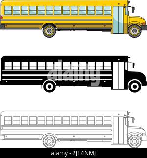 Detailed illustration of classic school bus isolated on white background in a flat style. Stock Vector