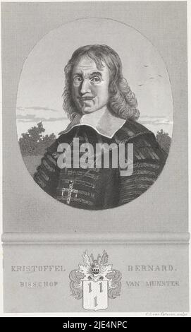 Portrait bust to the left in oval by Christoph Bernhard von Galen, bishop of Münster. Van Galen is wearing a necklace with a cross and in the margin his coat of arms, Portrait of Christoph Bernhard von Galen, bishop of Münster Christopher Bernard bishop of Munster., print maker: Christiaan Lodewijk van Kesteren, (mentioned on object), Christiaan Hagen, 1842 - 1897, paper, steel engraving, h 207 mm × w 126 mm Stock Photo