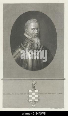 Portrait of Ferdinand Alvarez de Toledo, Duke of Alva (also called the Iron Duke). Around the neck a necklace with the emblem of the Order of the Golden Fleece. In the margin his name, title and coat of arms, Portrait of Ferdinand Alvarez de Toledo, Duke of Alva., Jan Frederik Christiaan Reckleben, (mentioned on object), Amsterdam, 1849 - 1851, paper, steel engraving, h 240 mm × w 148 mm Stock Photo