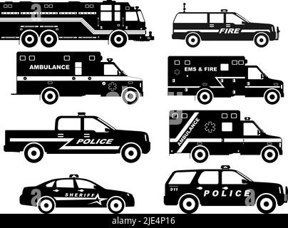 Silhouette illustration of fire truck, police and ambulance cars isolated on white background. Stock Vector