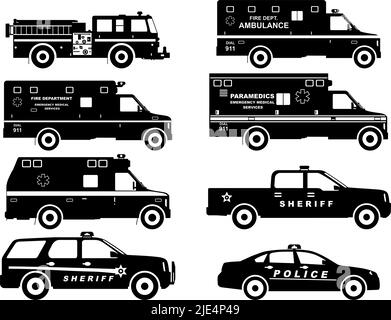 Silhouette illustration of fire truck, police and ambulance cars isolated on white background. Stock Vector