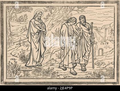 Kleopas and Petrus walk with walking sticks on a country road. Behind them is Christ, Emmaus participants., print maker: Gijsbertus Antonius Sluijters, (signed by artist), 1857 - 1927, paper, h 260 mm × w 382 mm Stock Photo