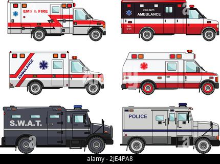 Silhouette illustration of fire truck, police and ambulance cars isolated on white background. Stock Vector