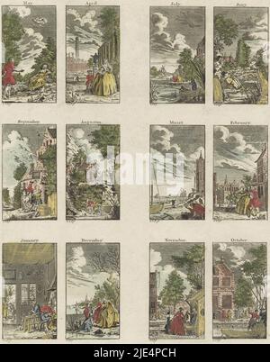 Narrative representations of the twelve months. May: A woman is sitting by the water, while a man is courting her. Above them Amor with his bow. April: A man kneels in front of a woman in a park. July: A man and a woman near a river. In the distance a mill and in front two fishermen in a rowing boat. June: Mountainous landscape with a castle. September: A man sits backwards on a horse in front of a house holding a cup. In front of him stands a woman. August: Three fishing figures under a chapel on a rock. March: Fishermen at the coast. February: Love couple on a square. January: Boiling women Stock Photo