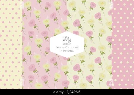 Set of 4 pastel lavender lilies patterns. Vector seamless repeat patterns. Great for fabric, textile, scrapbooking, wallpapers and packaging projects. Stock Vector