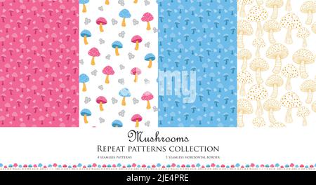 Vector set of 4 mushrooms seamless pattern background. 1 repeat horizontal border. Pink and blue kids cartoonish patterns. Surface pattern design Stock Vector