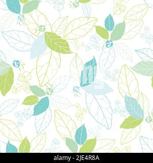 Blue green spring leaves. Floral vector repeat pattern background. Line art texture pattern. Hand drawn. Surface design Stock Vector