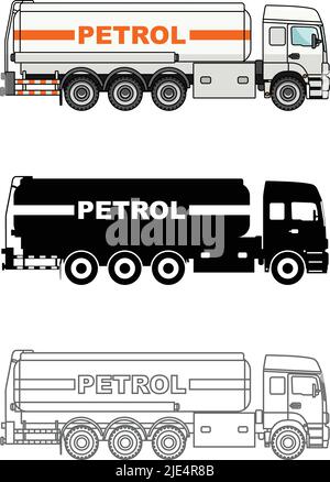 Different kind gasoline trucks isolated on white background in flat style: colored, black silhouette and contour. Vector illustration. Stock Vector