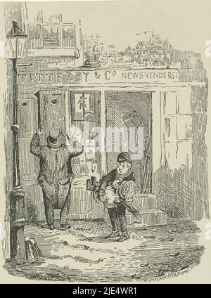 In front of a newspaper kiosk stands a little boy carrying an even smaller child. The newspaper seller opens or closes the shutters of his shop., Street scene, print maker: Moses de Vries, (possibly), printer: Dessaur & De Vries, (mentioned on object), publisher: Dessaur & De Vries, (mentioned on object), Amsterdam, 1849 - in or before 1851, paper, h 130 mm - w 102 mm Stock Photo