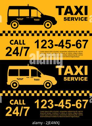 Taxi service design over yellow and black background. Silhouette of car. Vector flat illustration. Banner, poster or flyer. Stock Vector