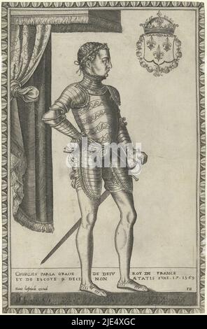 Portrait of Charles IX, King of France, fully dressed to the right in armour under a canopy, the left hand resting on his sword. Top right his coat of arms. Beneath a two-line text in French, Portrait of King Charles IX of France Portraits of kings and queens full-length (series title), print maker: Frans Huys, (mentioned on object), publisher: Hans Liefrinck (I), (mentioned on object), Antwerp, 1546 - 1562, paper, engraving, h 295 mm × w 193 mm Stock Photo