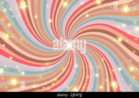 Rainbow swirl background with stars and sparkles. Radial pastel gradient of twisted spiral. Vector illustration. Stock Vector