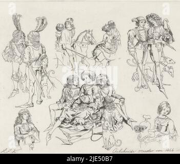 Study sheet with various figures in medieval clothing. On the left two men with a turban with feathers on their heads. Top right two men of which one has a falcon on his arm, behind them two dogs. In the middle a young woman and three men are looking at different images. Above this group two couples on horseback, study sheet with figures in Medieval clothing., print maker: Hendrik Abraham Klinkhamer, (mentioned on object), Meester van 1466, (mentioned on object), Amsterdam, 1820 - 1872, paper, etching, h 212 mm × w 263 mm Stock Photo