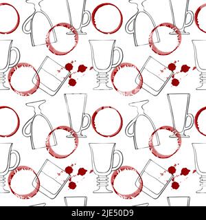 Pattern wine spot and doodling glasses for drinks and whiskey, red watercolor stains, hand drawing. Vector illustration Stock Vector