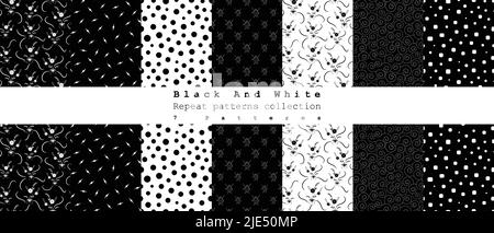 Black and white abstract+floral Vector set of 7 Repeat patterns. Seamless Background Texture. Can be used for packaging, scrapbooking, wallpapers Stock Vector