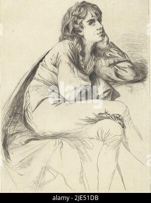 Portrait of Thomas Haden of Derby at a young age, sitting with his legs crossed, his head leaning on his hand, Portrait of Thomas Haden of Derby, print maker: Francis Seymour-Haden (Sir), (signed by artist), after: Joseph Wright of Derby, England, 1864, paper, etching, drypoint, h 351 mm × w 240 mm Stock Photo