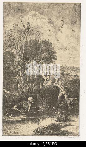 Landscape with two hunters with their booty of shot rabbits standing by a hedge. They are frightened by Death crawling across the ground like a skeleton. One hunter loses his rifle and the other points his weapon. A dog stands with its tail between its paws behind this hunter. An owl sits at the top of a tree and the gnarled trunk shows faces. In the distance to the right is a city. Above the scene is the text Revue Fantaisiste, Two hunters surprised by Death Les Chasseurs surpris par la mort., print maker: Rodolphe Bresdin, (mentioned on object), Rodolphe Bresdin, printer: Auguste Delâtre, ( Stock Photo